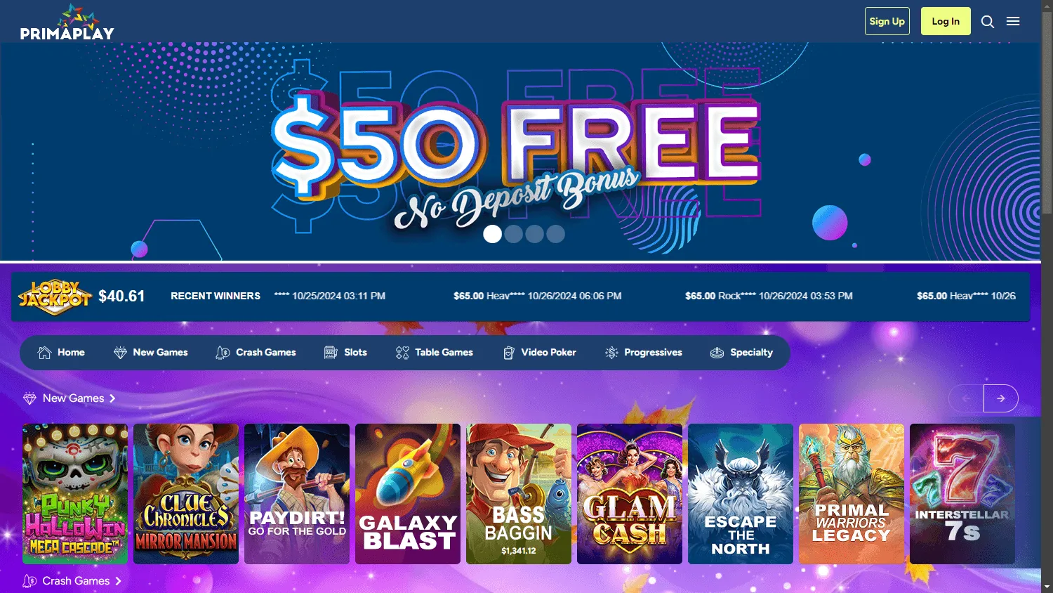 Primaplay Casino desktop games area with slots and casino game categories