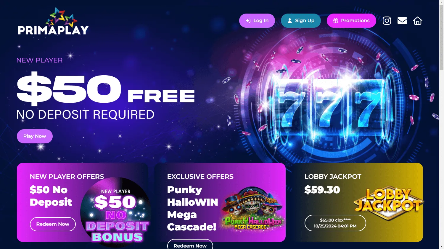 Primaplay Casino desktop homepage with featured offers and casino games