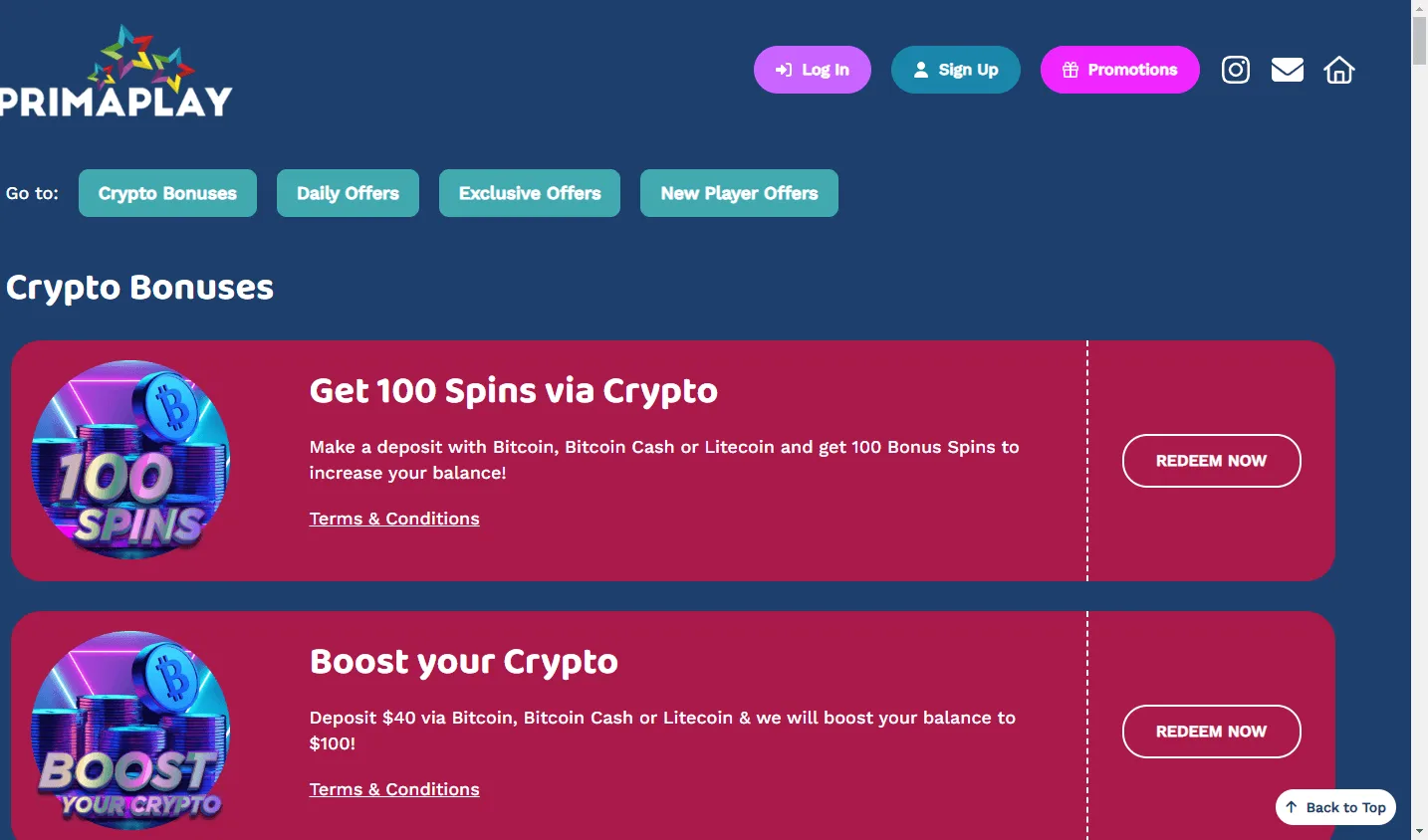 Primaplay Casino desktop promotions area with deposit matches and bonus offers
