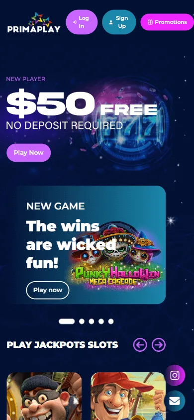 Primaplay Casino homepage opened on a mobile device