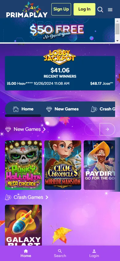 Primaplay Casino mobile games area with slots and casino game categories