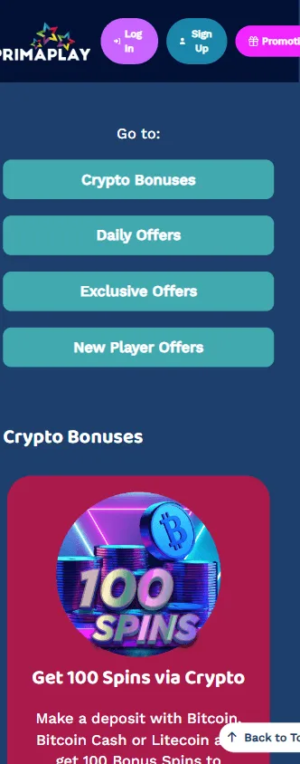 Primaplay Casino mobile promotions area with bonus offers